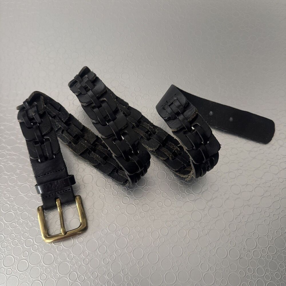Vintage Woven Leather Belt 34 Black Interlocking Link Basket Weave Brass Unisex